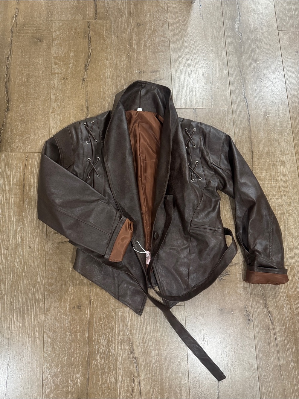 Women's Dark Brown Leather Belted Jacket with Lace-Up Detail